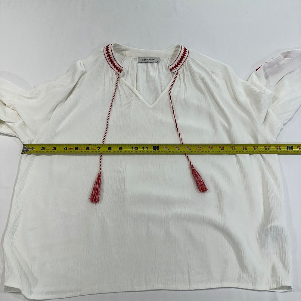 LCW Casual Embroidered Peasant Blouse Womens Medium White Red Tassel | Boho Core - Picture 8 of 9